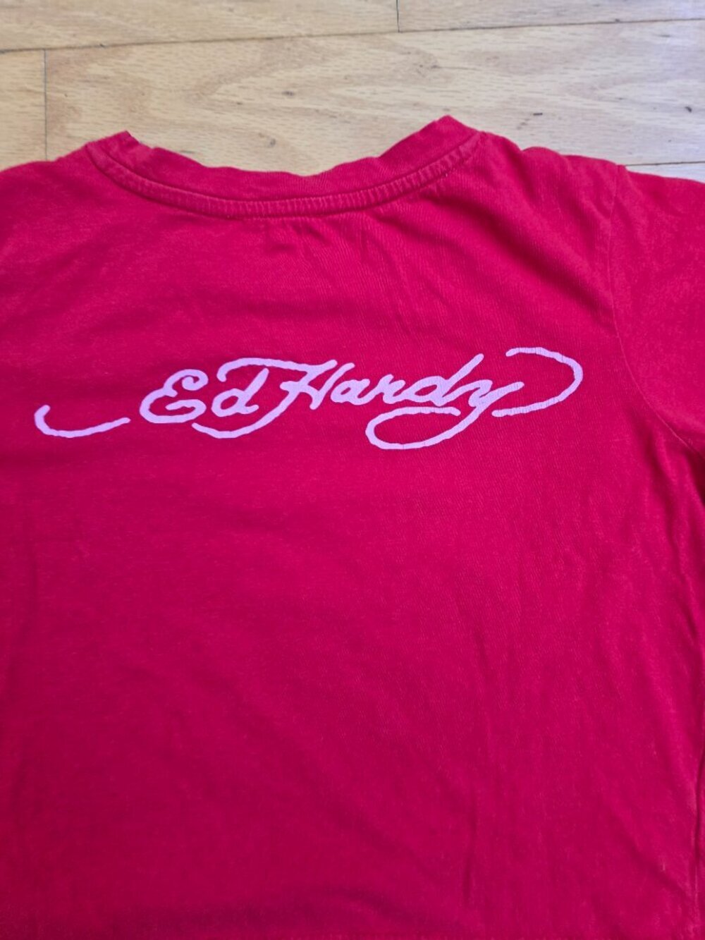 vintage Y2K Ed Hardy red grunge cropped fitted t-shirt | WMS XL - Picture 9 of 10